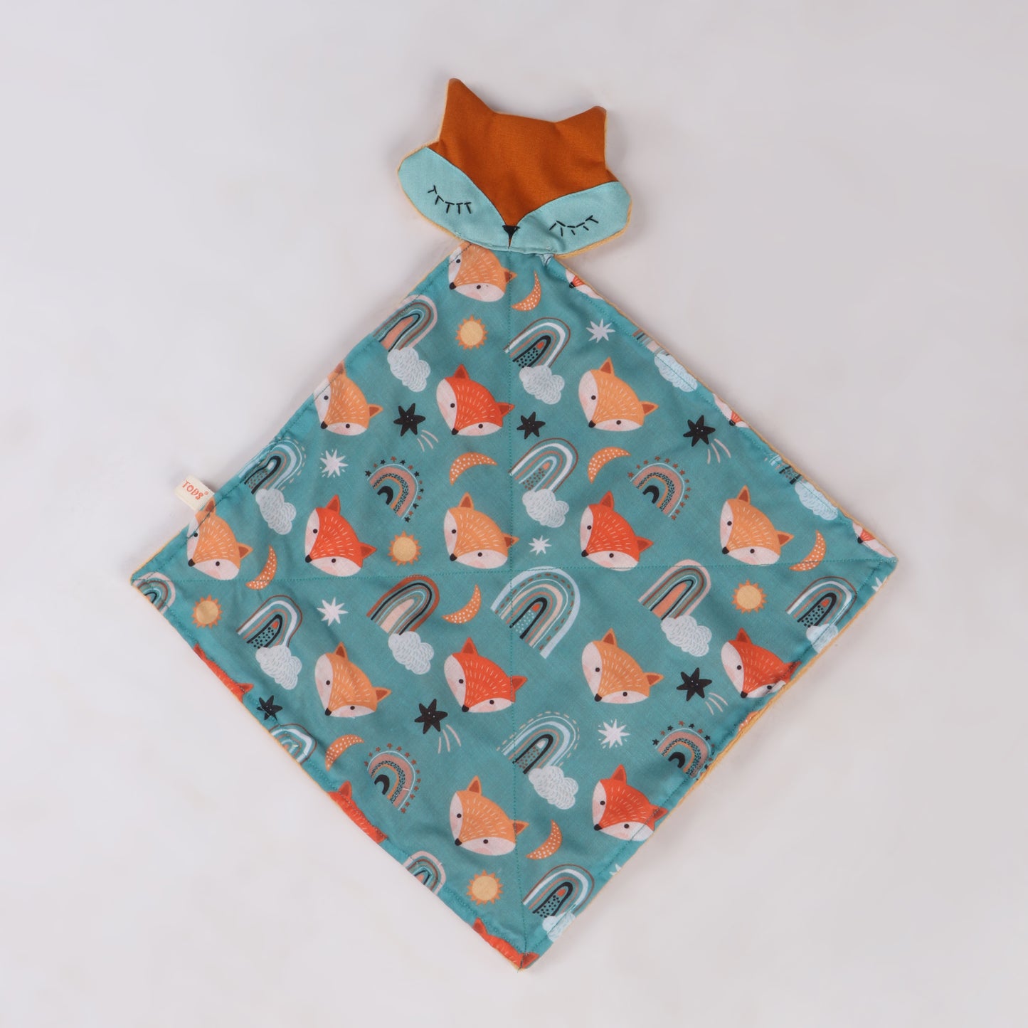 Close up of soft security blanket with comforting textures with bear print with bear face showing its full size which is perfect for soothing babies and toddlers