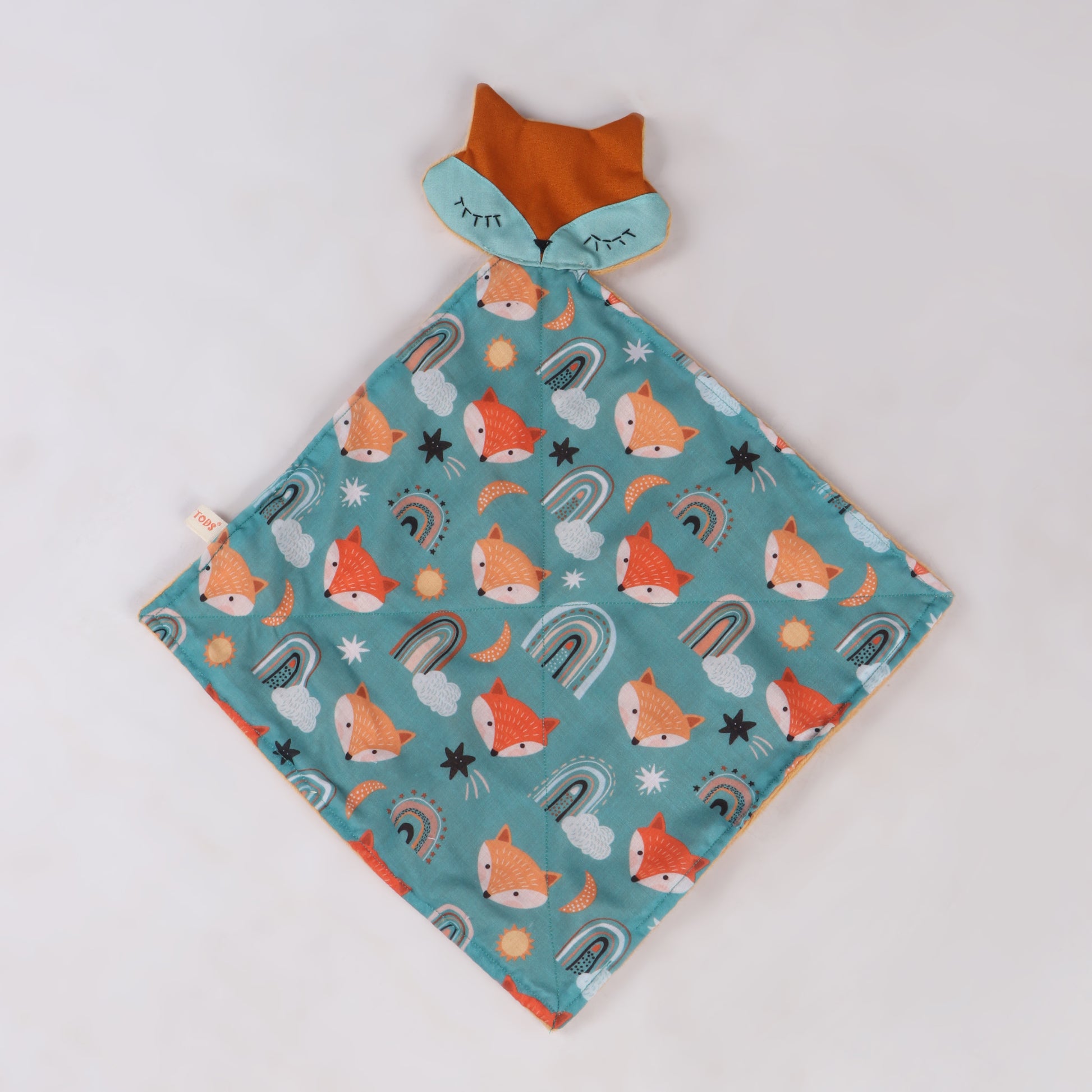 Close up of soft security blanket with comforting textures with bear print with bear face showing its full size which is perfect for soothing babies and toddlers