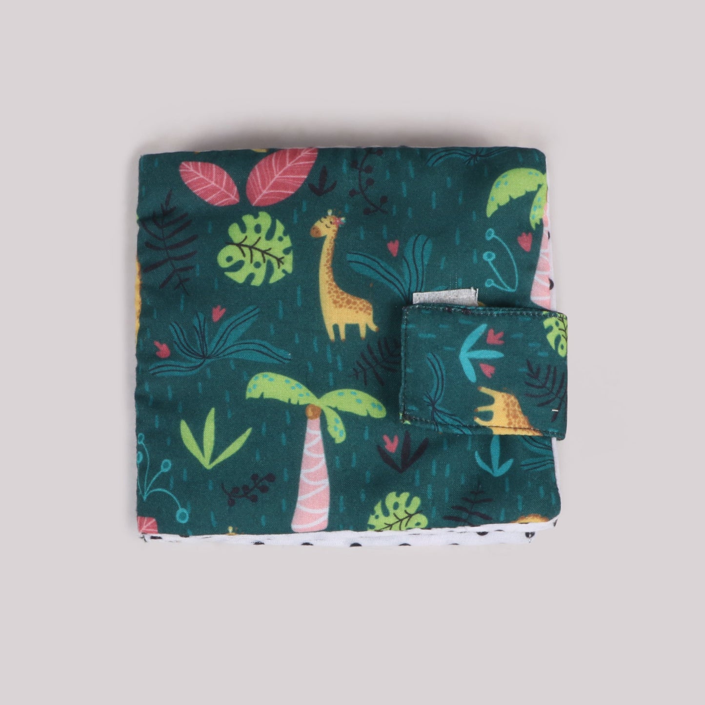 Soft sensory book with crinkly pages, bright colors, and touchable textures to engage young minds with jungle theme print and child-friendly fabric