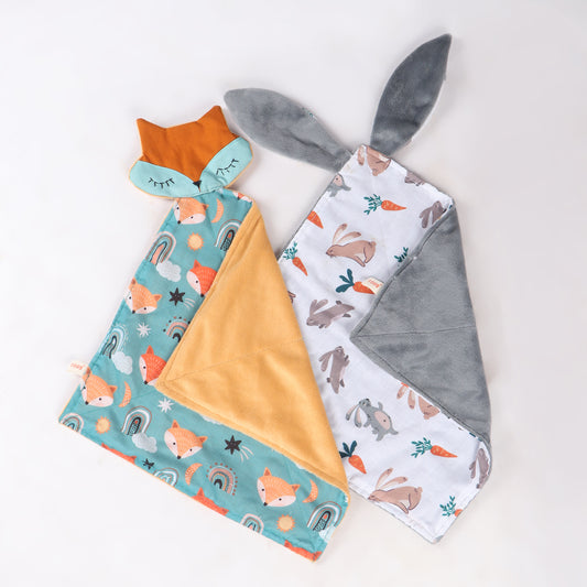 Pair of 2 soft security blanket with comforting textures with fox and bunny head in folded position showing its soft surface of back side, perfect for soothing babies and toddlers