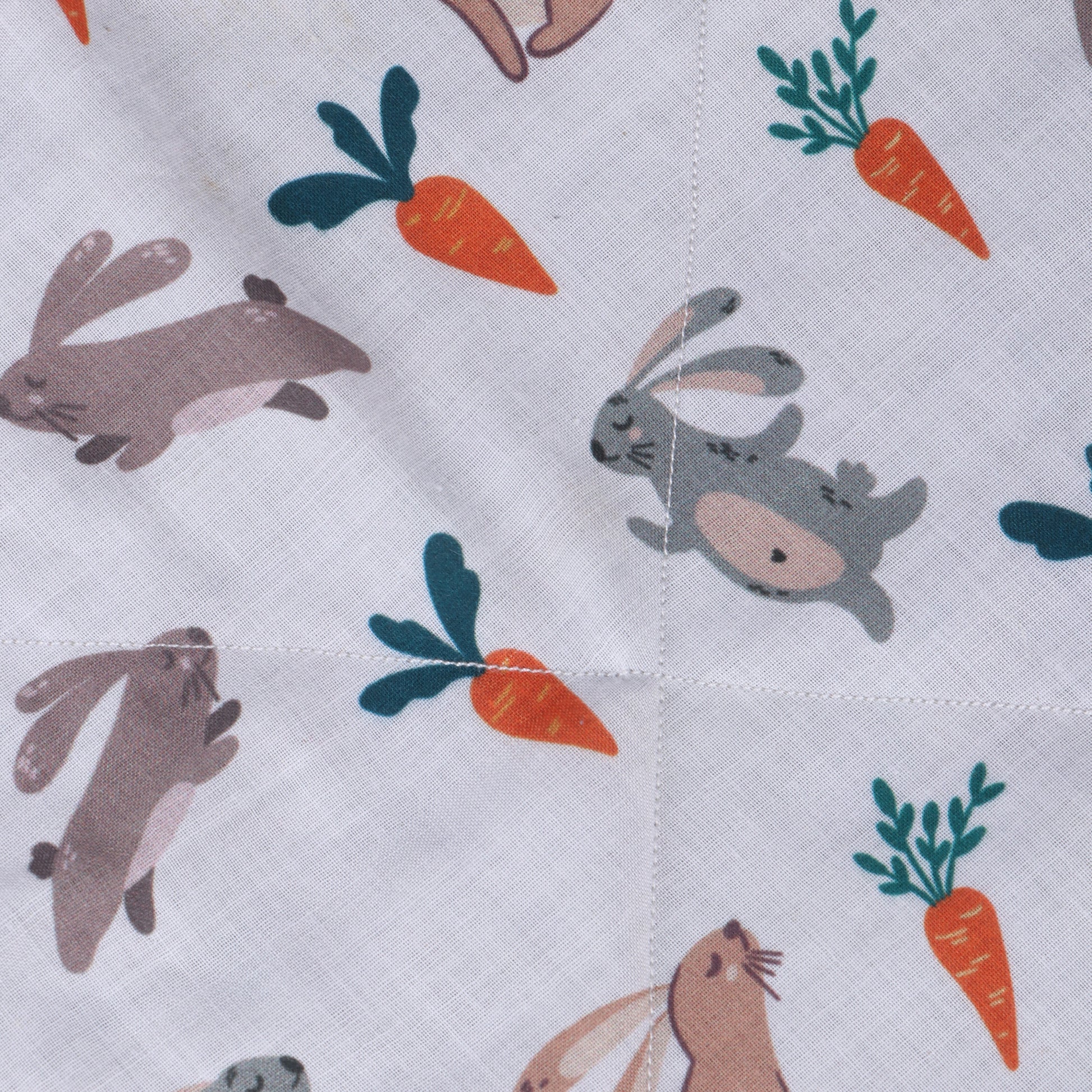Close up of soft security blanket with comforting textures with bunny print which is perfect for soothing babies and toddlers