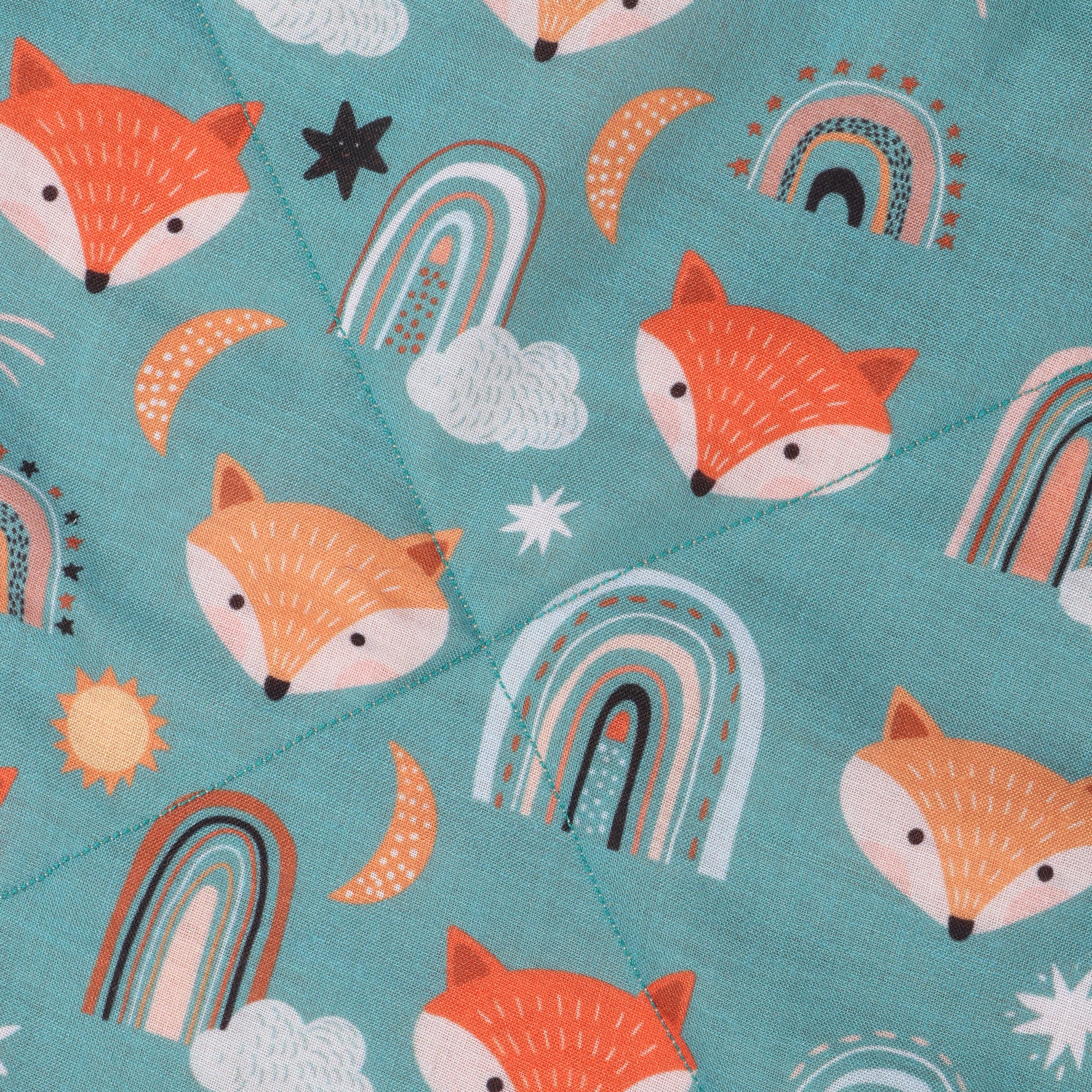 Close up of soft security blanket with comforting textures with fox print which is perfect for soothing babies and toddlers