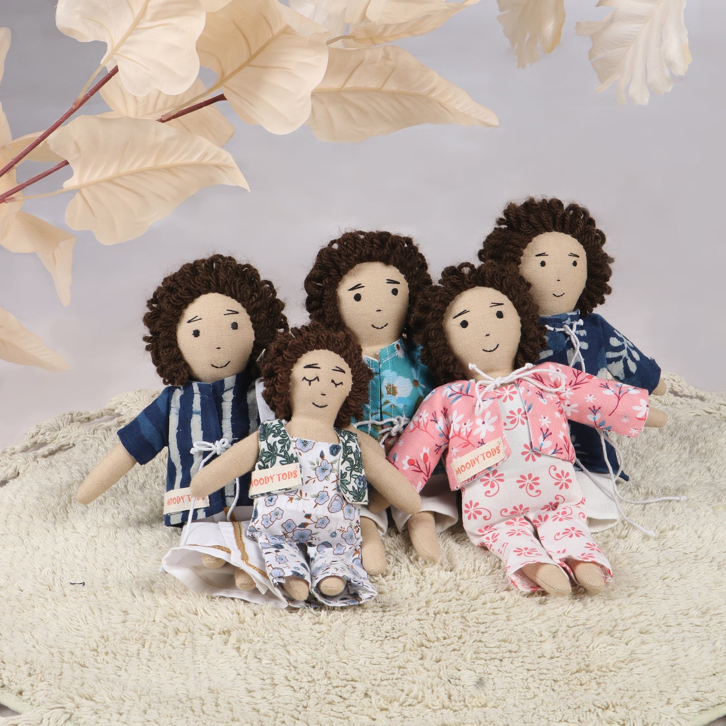 Cute 5 boy rag dolls wearing men outfit, in sitting position made with soft, child-friendly material, designed for comfort and imaginative play