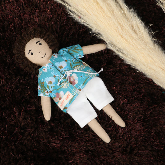 9 inch handmade fabric boy rag doll in floral shirt and white shorts with soft, child-friendly material, designed for comfort and imaginative play