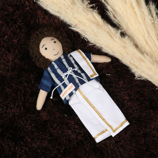 Front angle of 9 inch fabric boy rag doll dressed in Indian outfit made with soft, child-friendly material