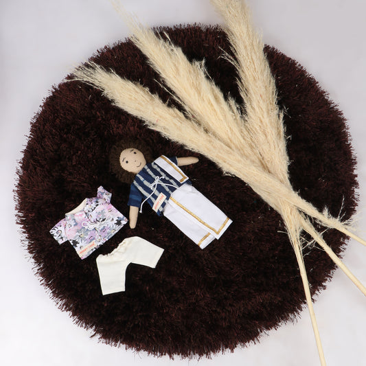9 inch handmade fabric boy rag doll with interchangeable outfit made with soft, child material, designed for comfort and imaginative play