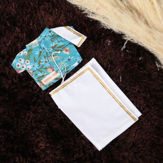 Close up of Cute floral shirt for 9 inch boy rag doll, made from child-safe, soft fabric