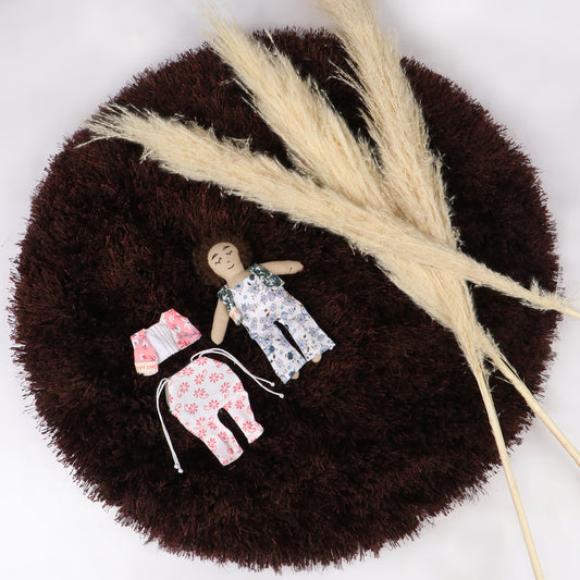 7 inch handmade fabric boy rag doll with interchangeable dress made with soft, sensory-friendly material, designed for comfort and imaginative play