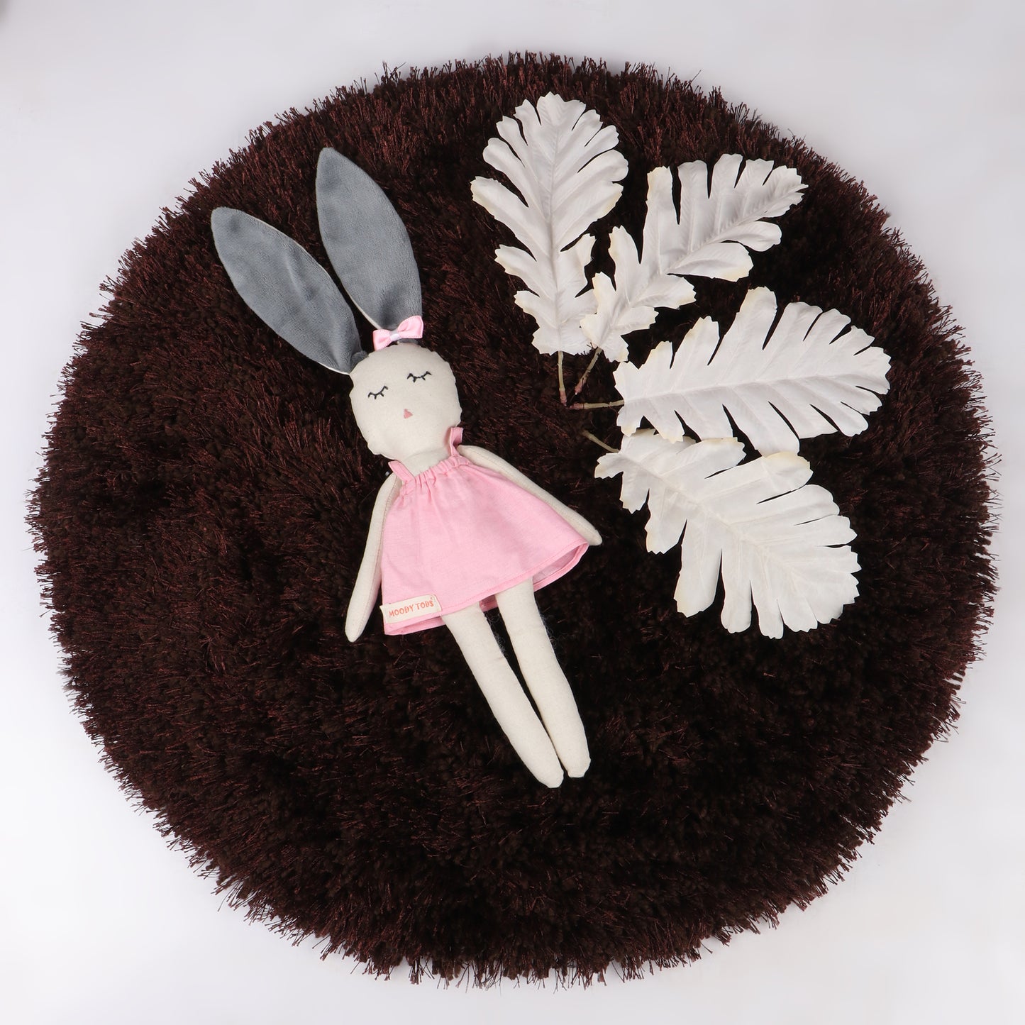 Adorable 12 inch plush bunny toy with pink pastel colored outfit, perfect for cuddles and sensory play