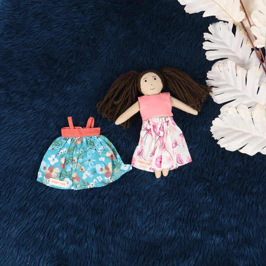 Cute 9 inch handmade fabric rag doll with interchangeable outfit made from child-safe, soft fabric