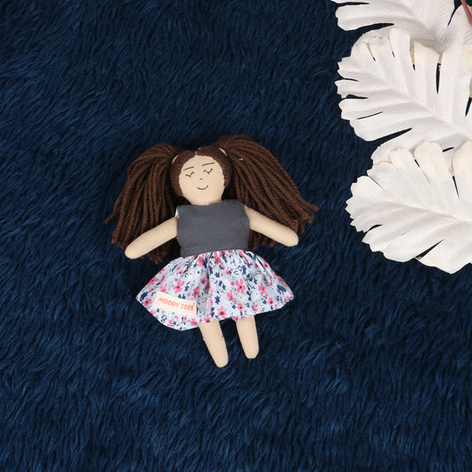 Cute 7 inch girl rag doll with colorful outfit, made from child-safe, soft fabric